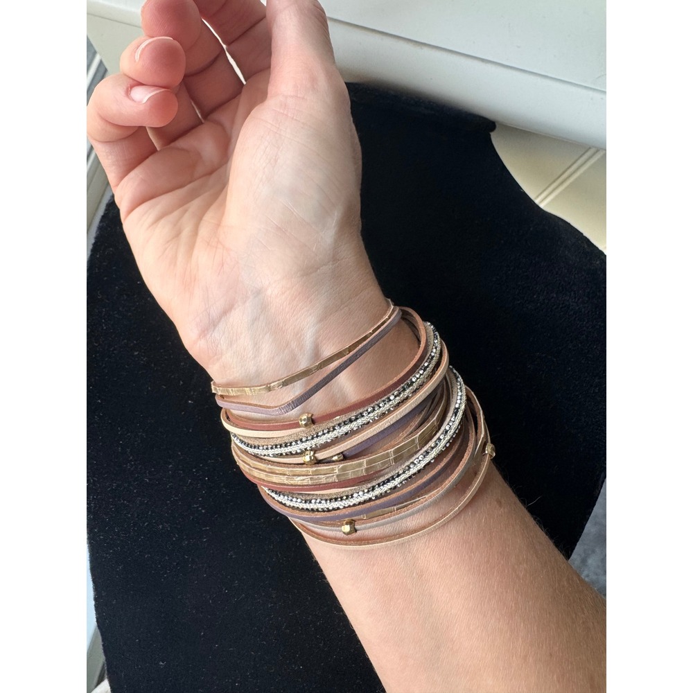 Boho Multi Strand Leather Wrap Cuff Bracelet Gold Magnetic Clasp Taupe Mauve